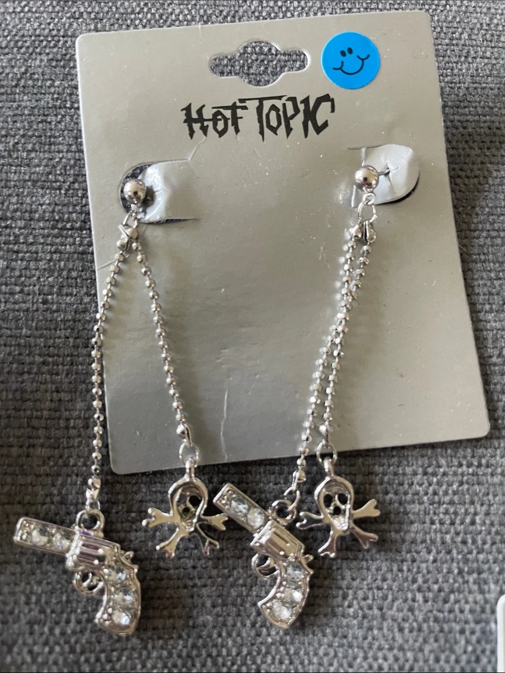 Hot Topic Silver Rhinestone Crossed Gun Pendant and Dangle Earring Set